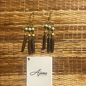 Gold and Brown Cow Horn and Paper Bead Dangle Earrings